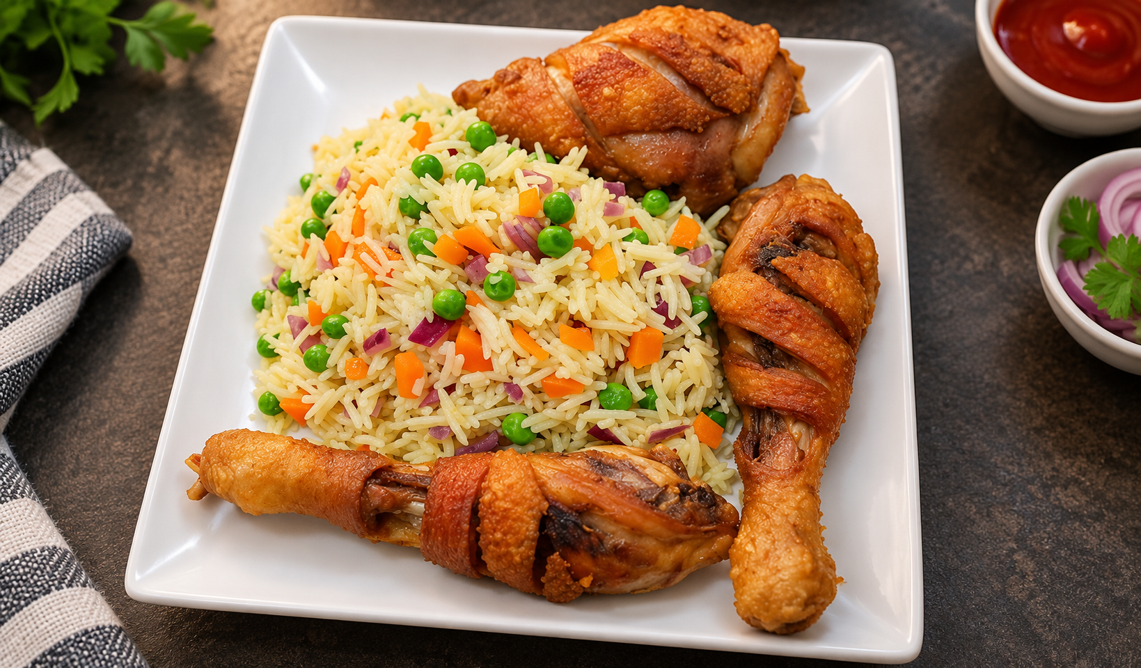 Nigerian fried rice with carrots and green peas served with golden fried chicken