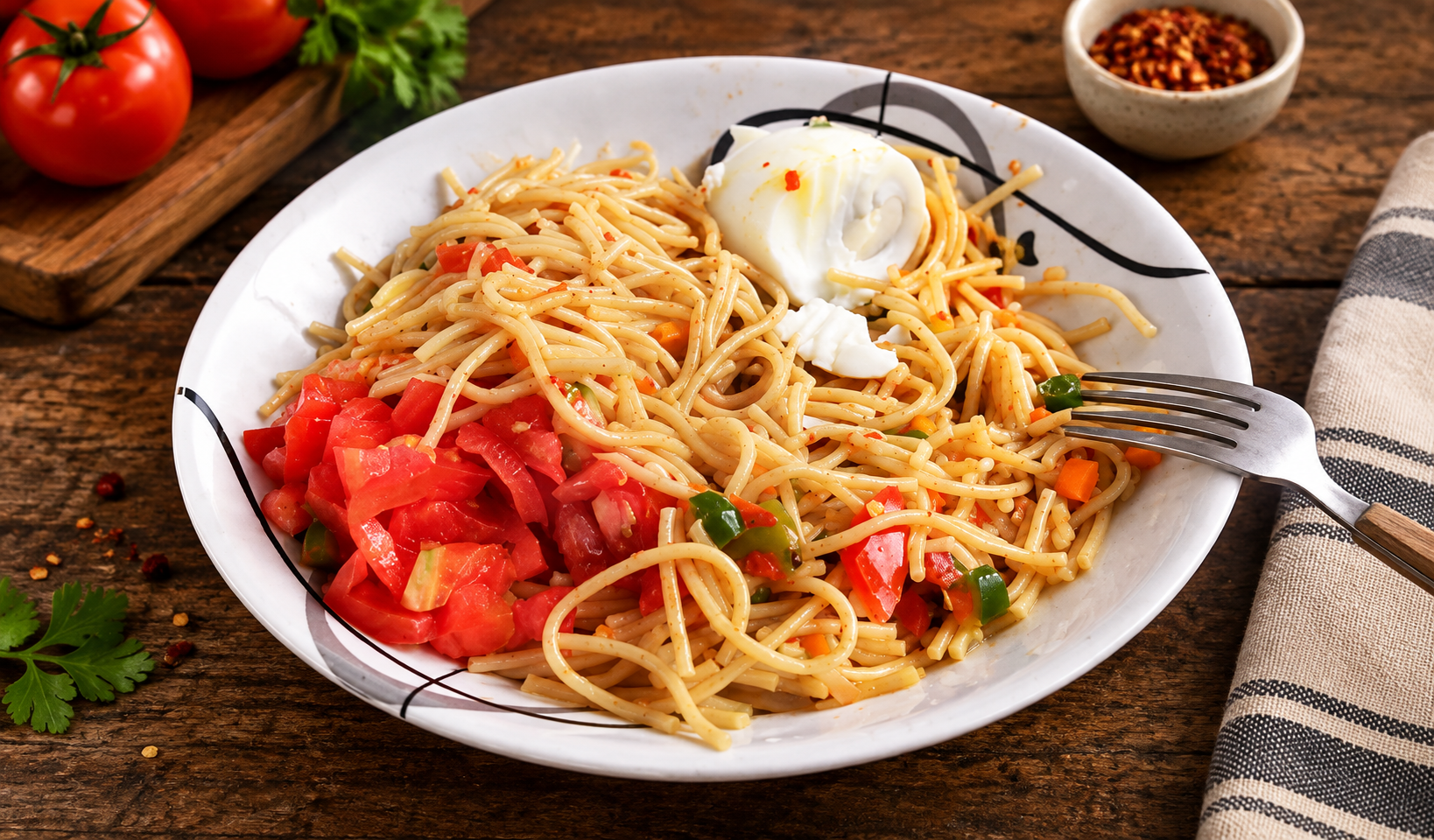 Creamy pasta with prawns and chicken served with spicy grilled chicken wings