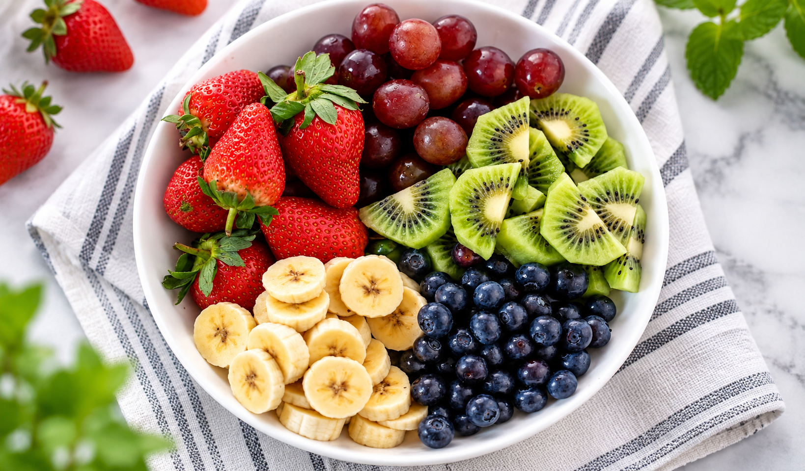 Bowl of fresh strawberries, grapes, kiwi, banana slices and blueberries