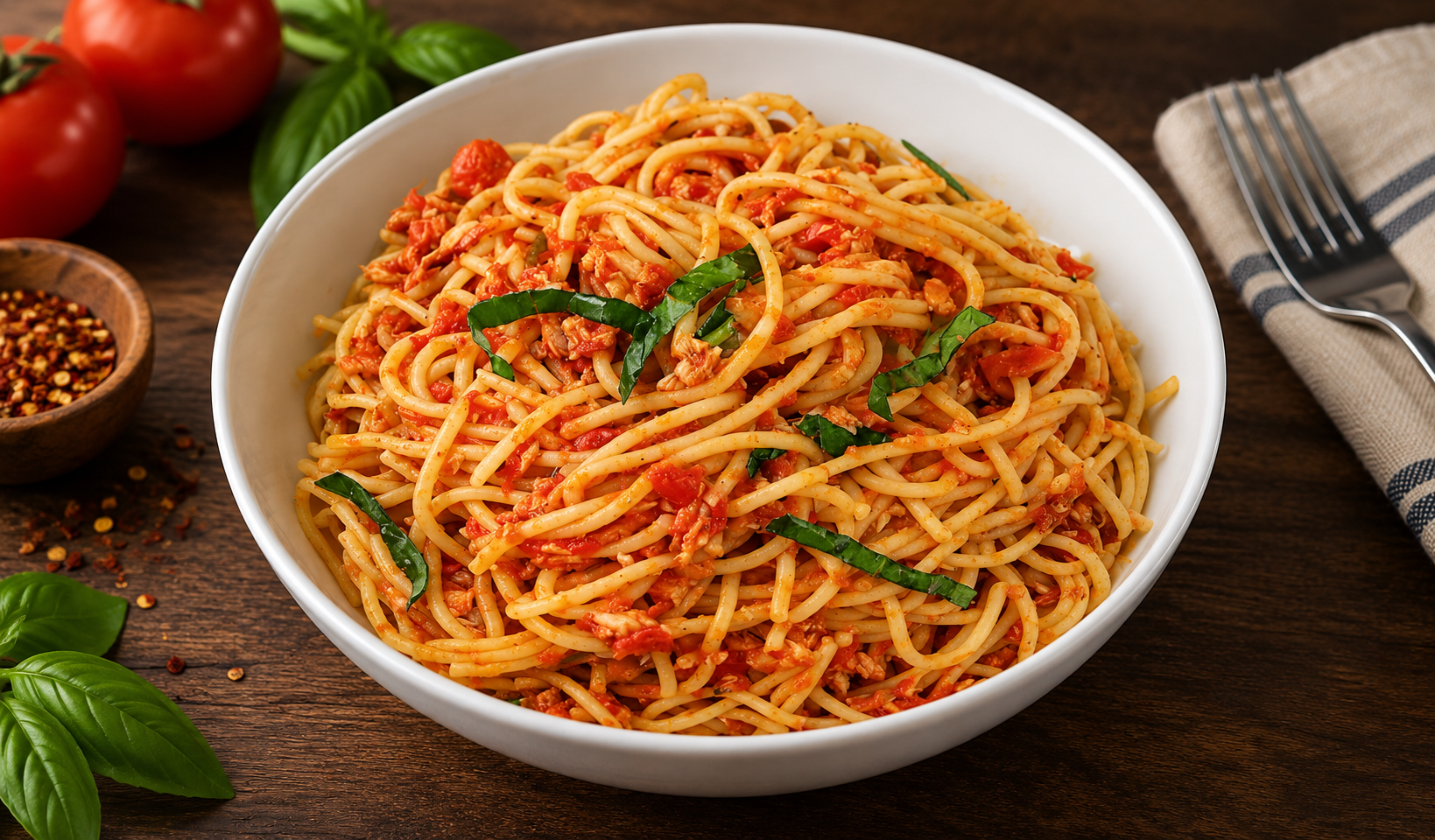 Nigerian chicken spaghetti in a rich tomato and pepper sauce with fresh herbs