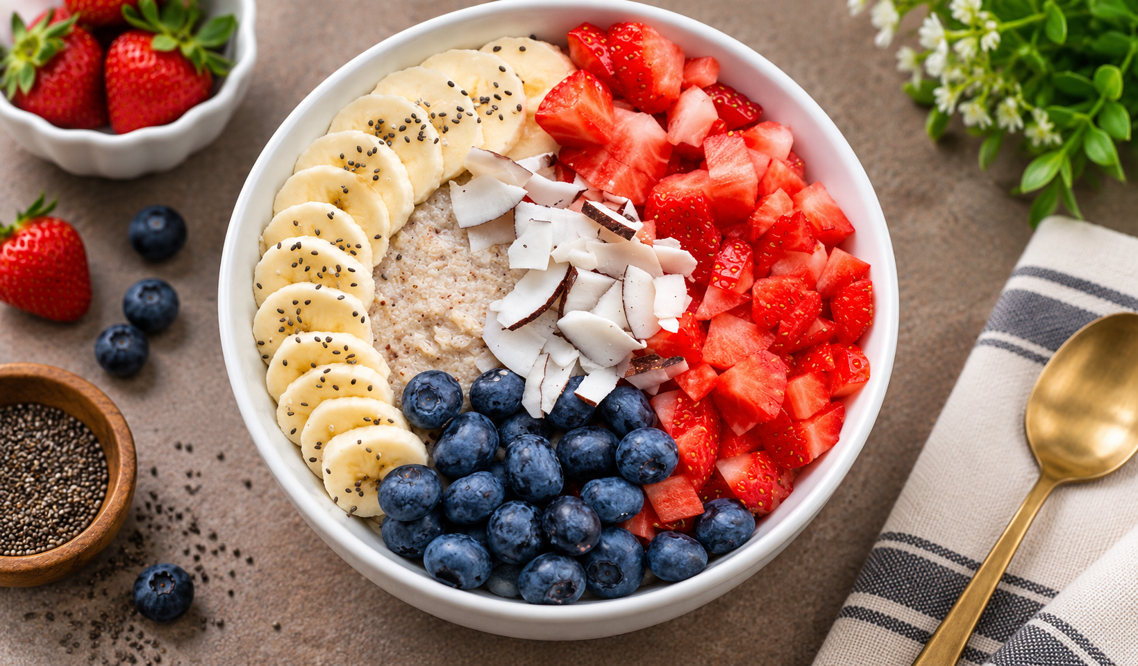 Creamy oat bowl topped with banana, strawberries, blueberries and coconut flakes