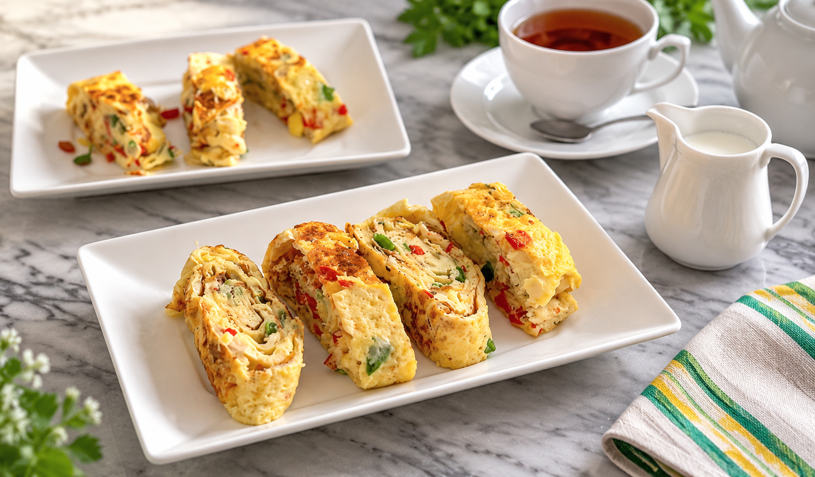 Sliced rolled vegetable omelette served warm with a cup of tea