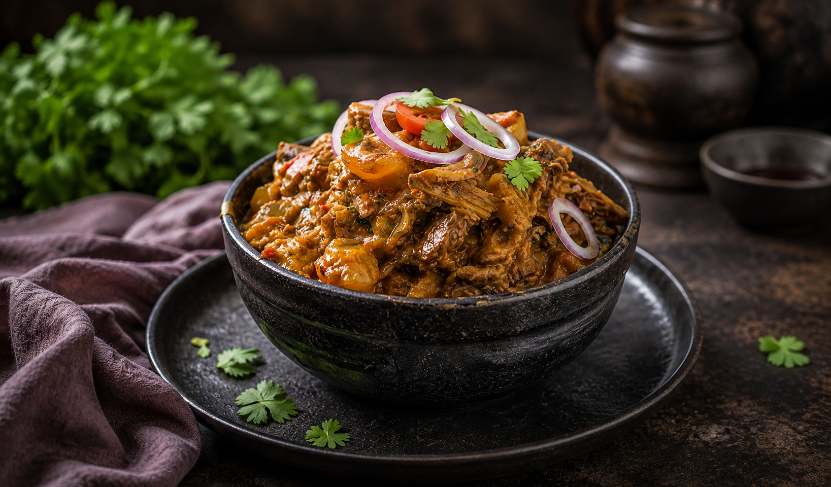 Goat-Head Nkwobi (Isi Ewu) in a dark stone bowl with onion, tomato and coriander