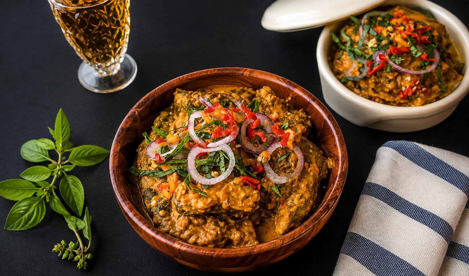 Two servings of Nkwobi in wooden bowls with a cold drink