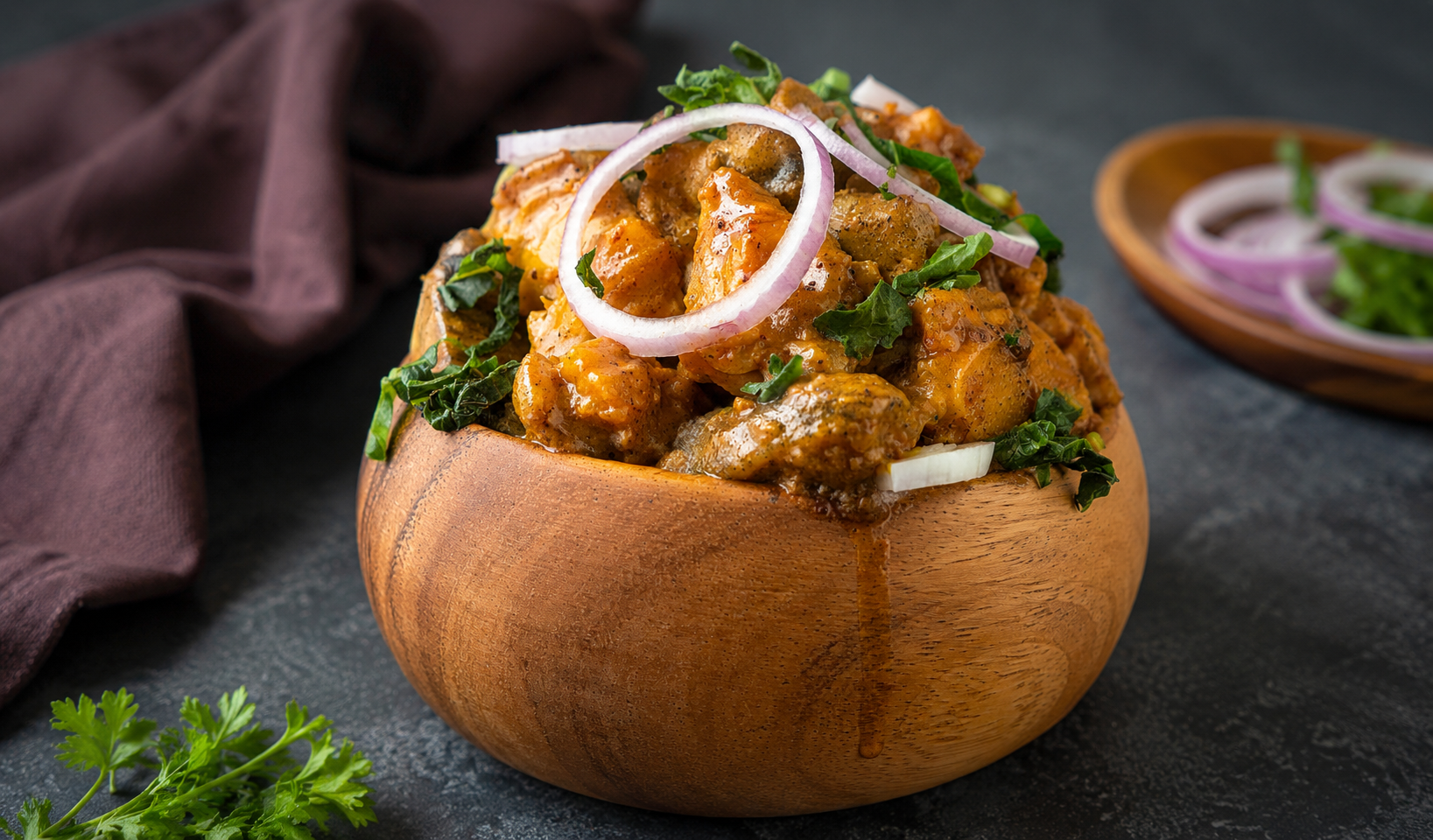 Nigerian Nkwobi served in a wooden bowl, topped with onion rings and herbs