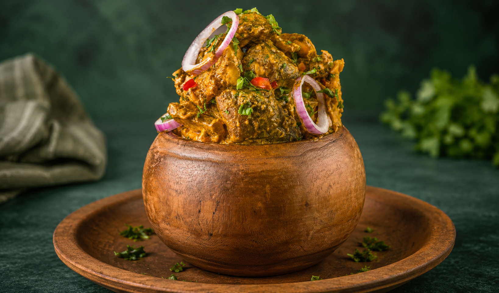 Tall wooden bowl of Nkwobi piled high with meat, onion and coriander