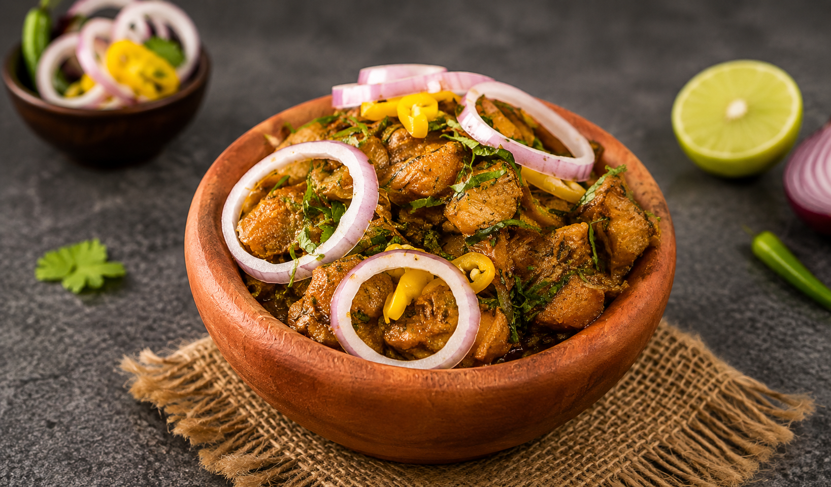 Chunky Nkwobi cow foot in spicy palm-oil sauce with onion rings and lime