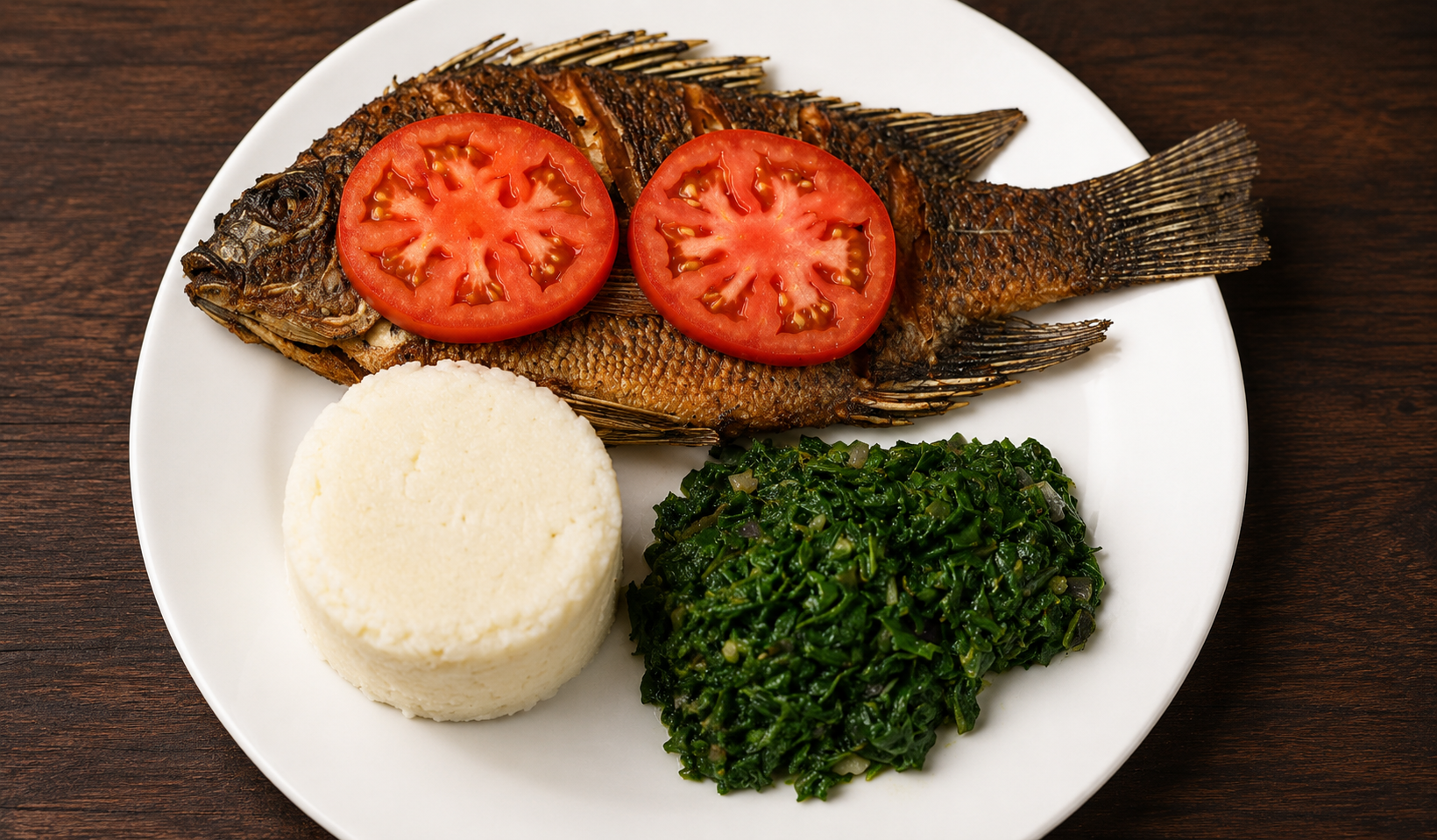 Whole grilled tilapia topped with tomato slices, served with pounded yam and sauteed greens