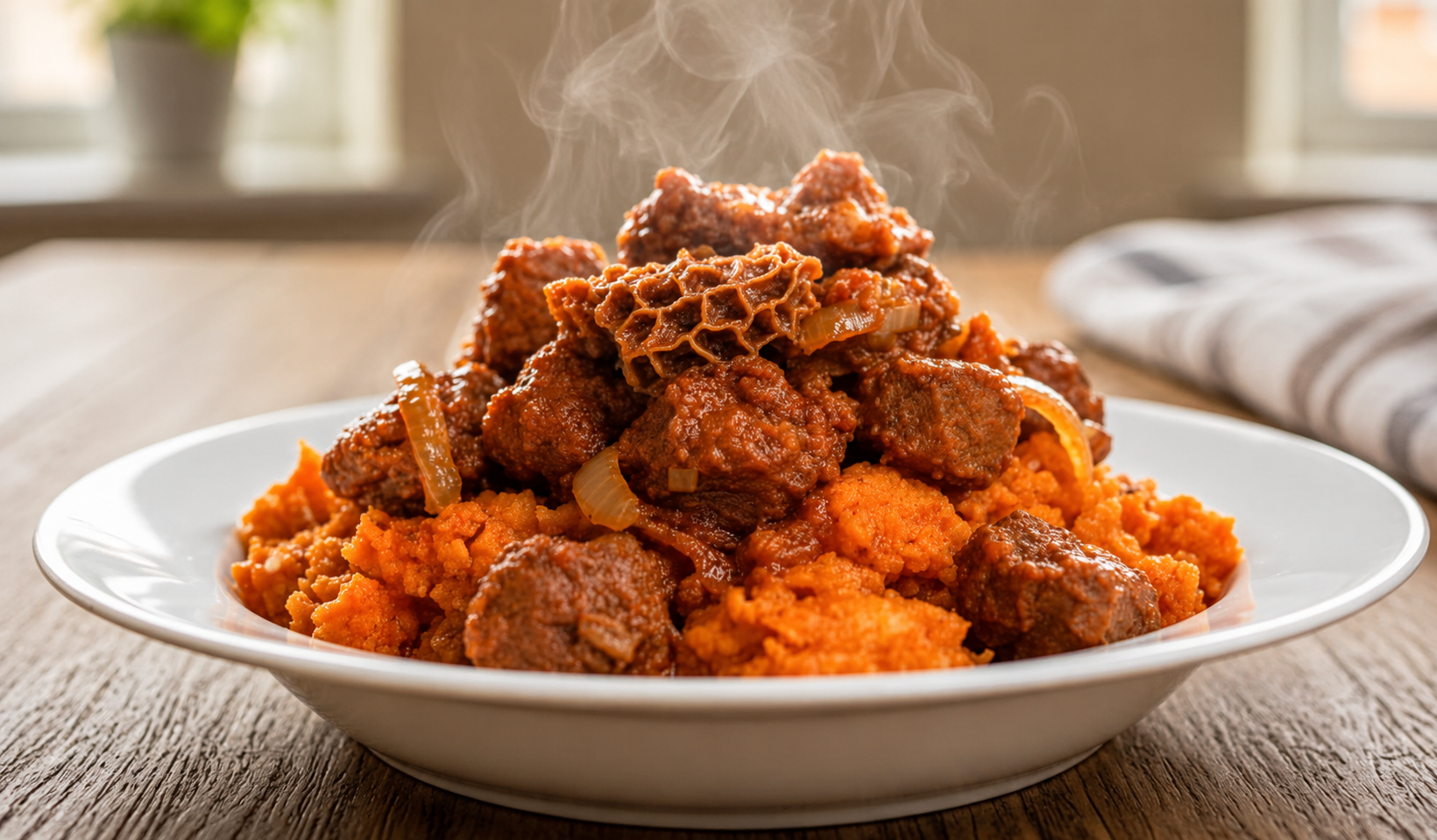 Steaming bowl of orange yam porridge topped with assorted meat