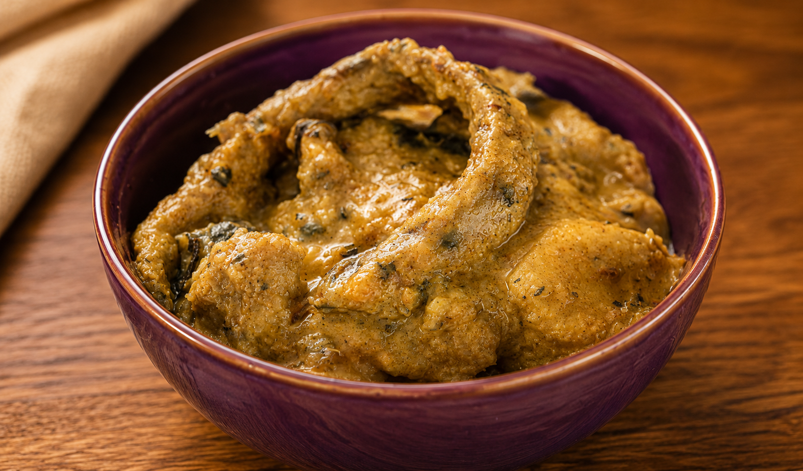 Thick palm-oil yam porridge served in a rustic bowl