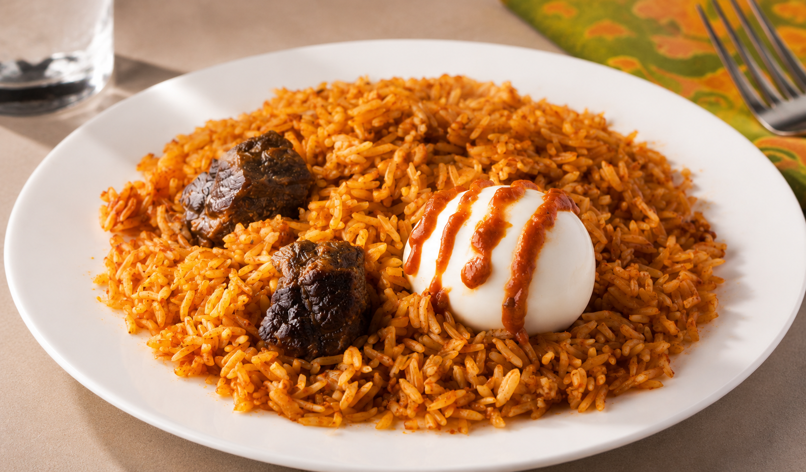 Nigerian jollof rice served with beef and a boiled egg in pepper sauce