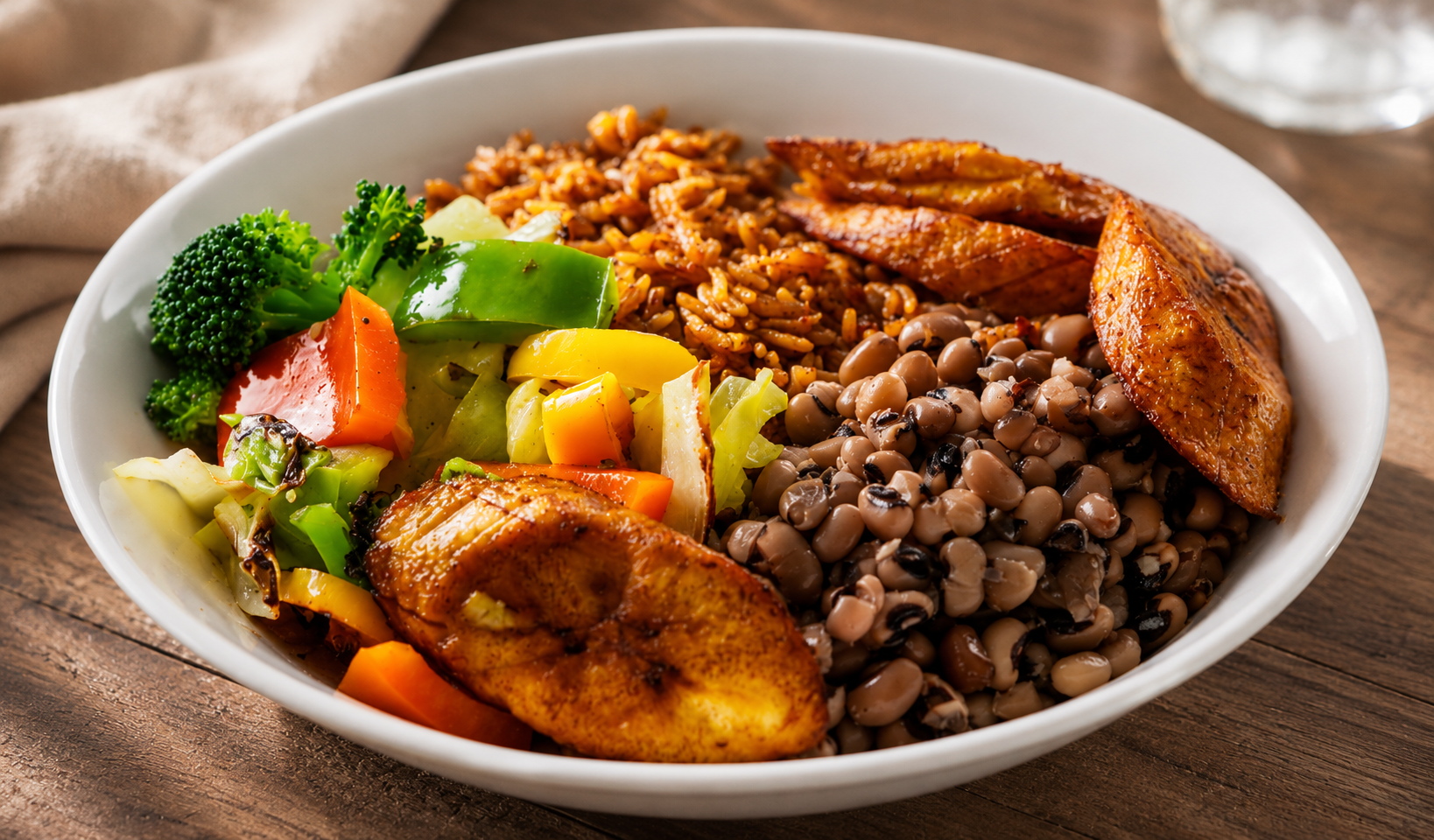 Nigerian plate of jollof rice, beans, fried plantain and steamed vegetables