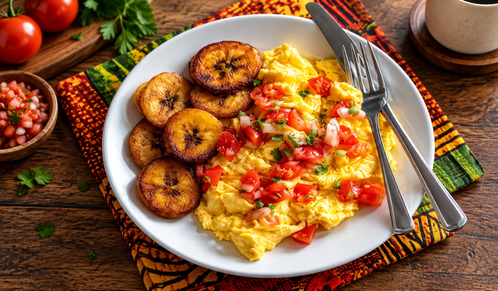 Plate of fried plantain rounds with tomato scrambled egg sauce