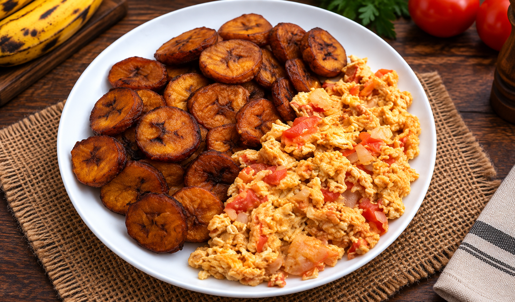 Fried ripe plantain slices served with Nigerian egg sauce on a white plate