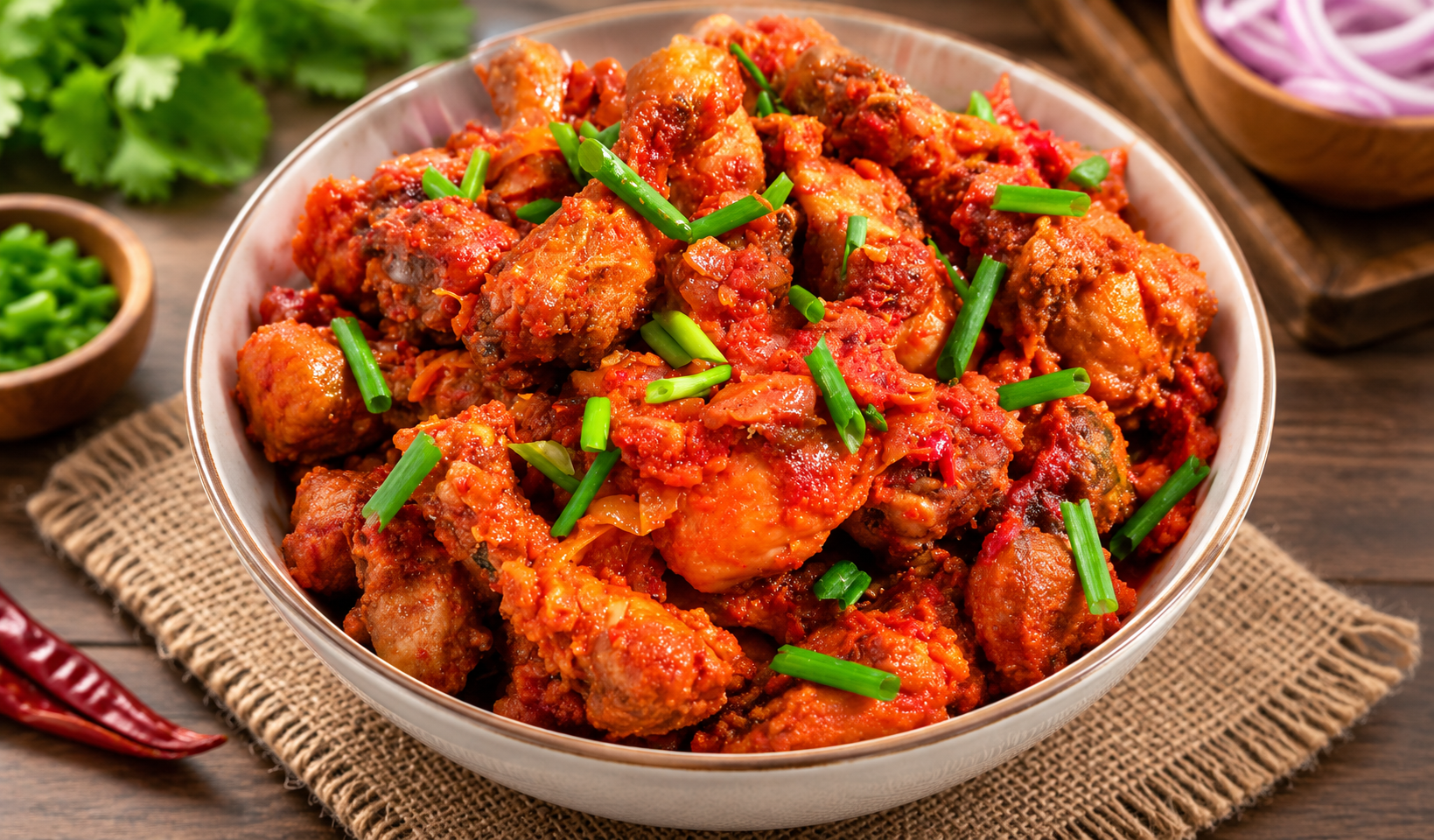 Nigerian peppered chicken pieces coated in a thick spicy red ata sauce with chives