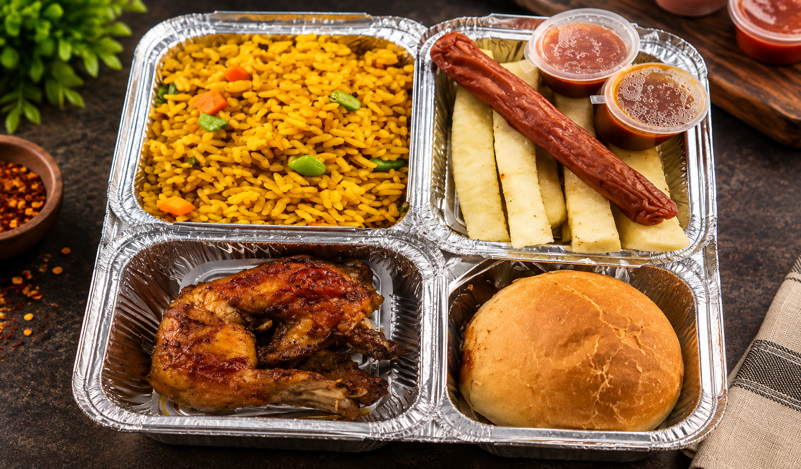 Nigerian food tray in a four-compartment foil container: jollof rice, boiled yam with sauce, chicken and a bread roll